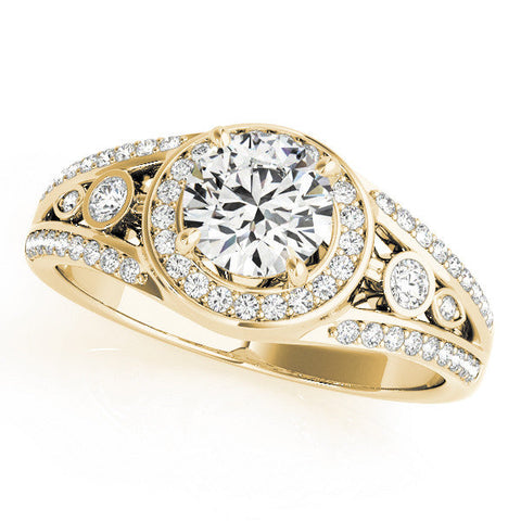 Yellow gold Round Halo Split Shank Diamond Ring with Four-Prong Setting