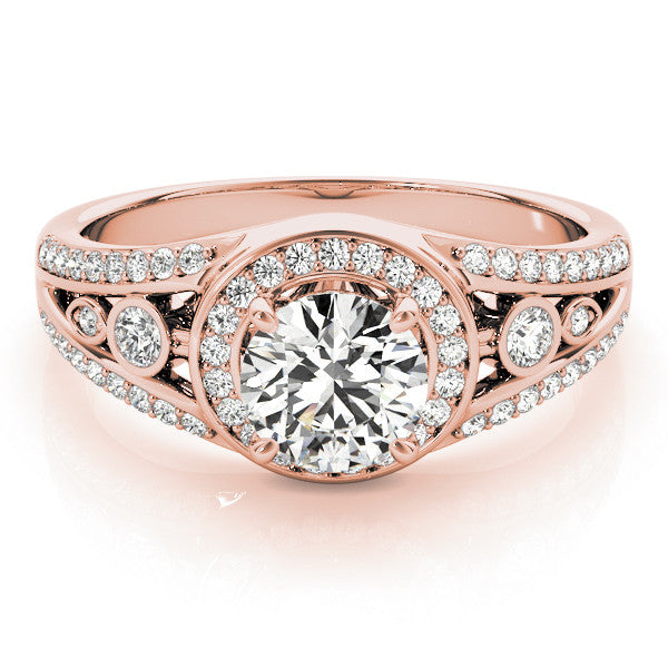 Rose gold Round Halo Split Shank Diamond Ring with Four-Prong Setting