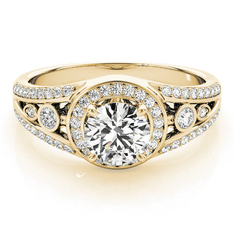 Yellow gold Round Halo Split Shank Diamond Ring with Four-Prong Setting