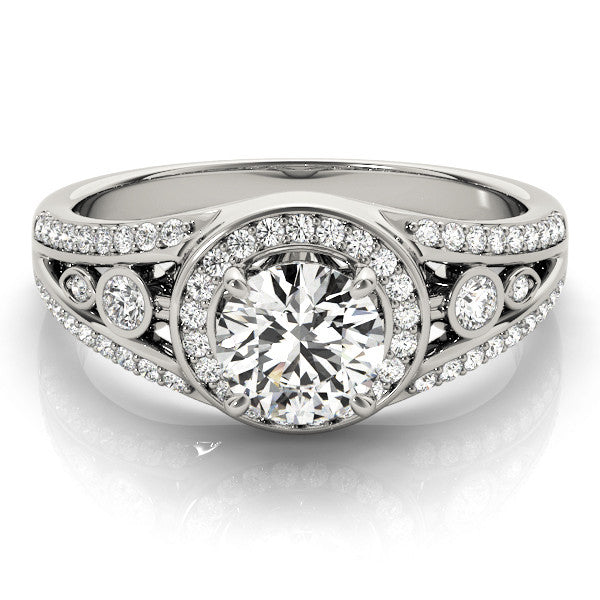 Platinum Round Halo Split Shank Diamond Ring with Four-Prong Setting