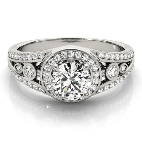 Silver Round Halo Split Shank Diamond Ring with Four-Prong Setting