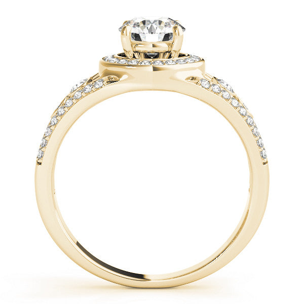Yellow gold Round Halo Split Shank Diamond Ring with Four-Prong Setting