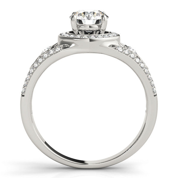 Silver Round Halo Split Shank Diamond Ring with Four-Prong Setting