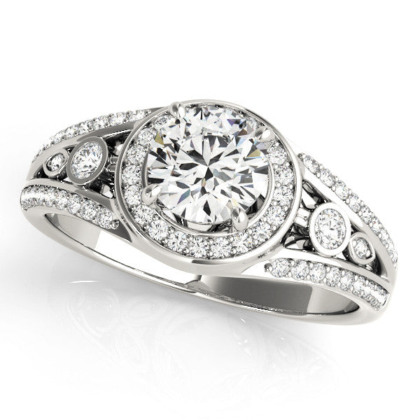 White gold Round Halo Split Shank Diamond Ring with Four-Prong Setting