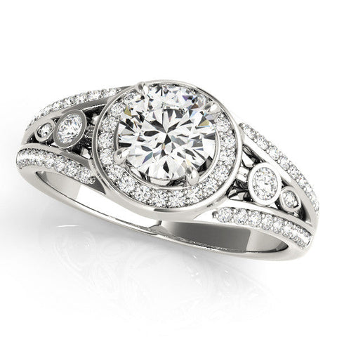 White gold Round Halo Split Shank Diamond Ring with Four-Prong Setting