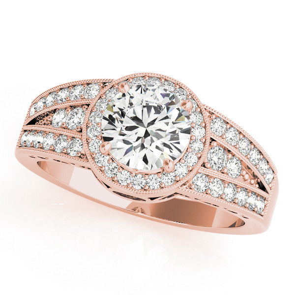 Rose gold Round Halo Diamond Split Shank Ring with Prong Setting