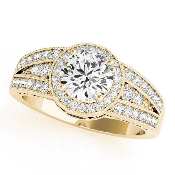 Yellow gold Round Halo Diamond Split Shank Ring with Prong Setting