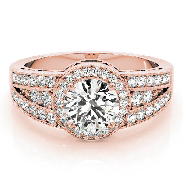 Rose gold Round Halo Diamond Split Shank Ring with Prong Setting