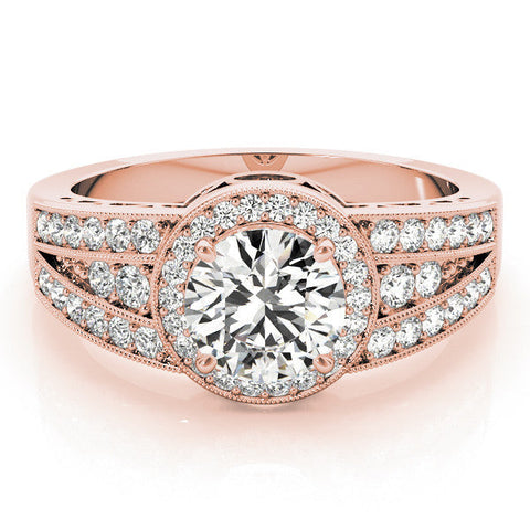 Rose gold Round Halo Diamond Split Shank Ring with Prong Setting