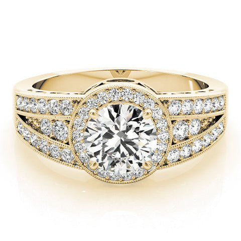 Yellow gold Round Halo Diamond Split Shank Ring with Prong Setting
