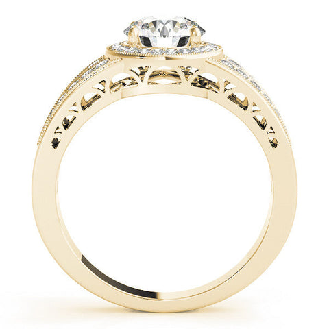 Yellow gold Round Halo Diamond Split Shank Ring with Prong Setting