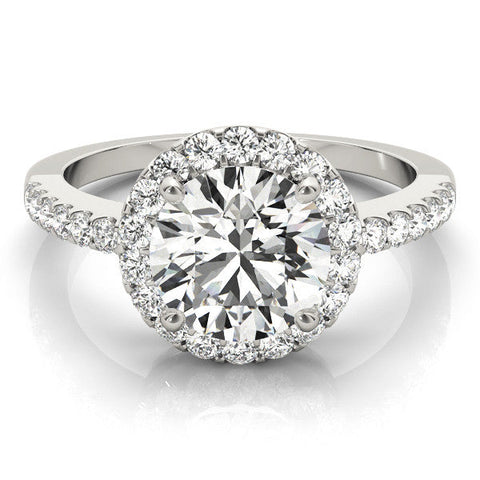 Silver Round Halo Diamond Engagement Ring with Pavé Band and Four-Prong Setting