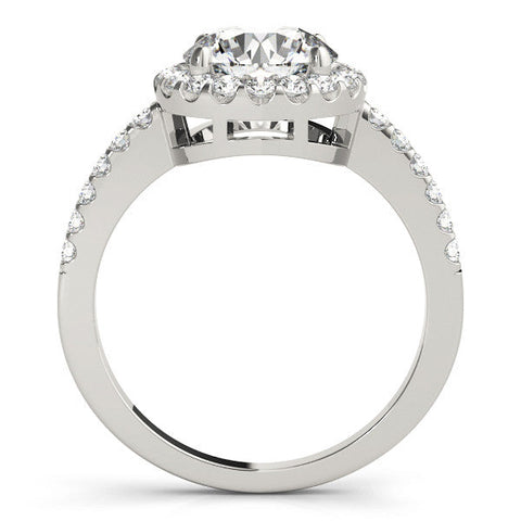Silver Round Halo Diamond Engagement Ring with Pavé Band and Four-Prong Setting