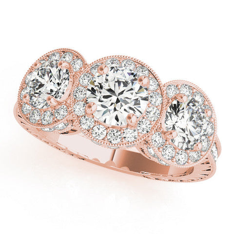 Rose gold Three-Stone Round Halo Diamond Milgrain Band with Four-Prong Setting