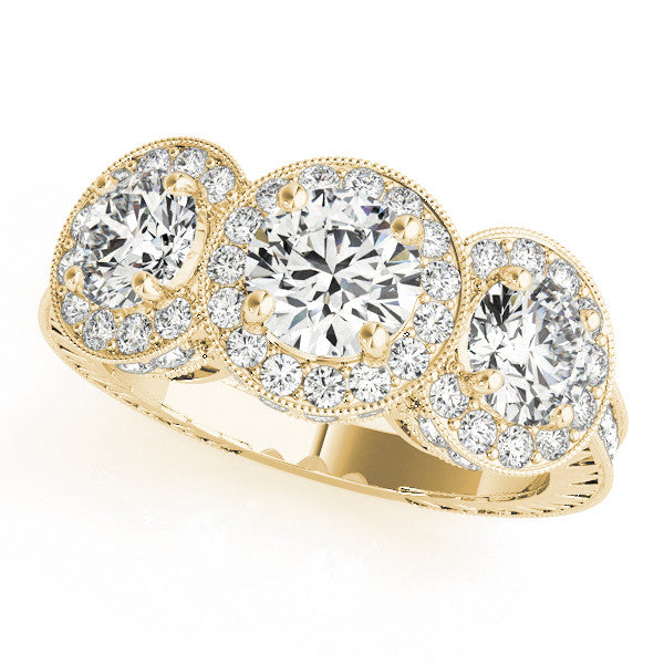 Yellow gold Three-Stone Round Halo Diamond Milgrain Band with Four-Prong Setting