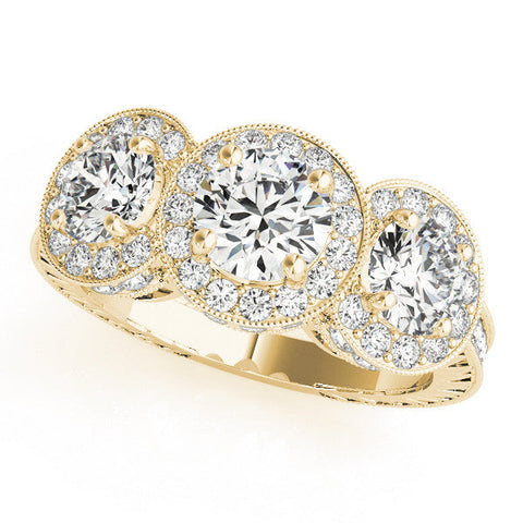 Yellow gold Three-Stone Round Halo Diamond Milgrain Band with Four-Prong Setting