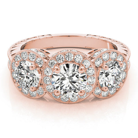 Rose gold Three-Stone Round Halo Diamond Milgrain Band with Four-Prong Setting