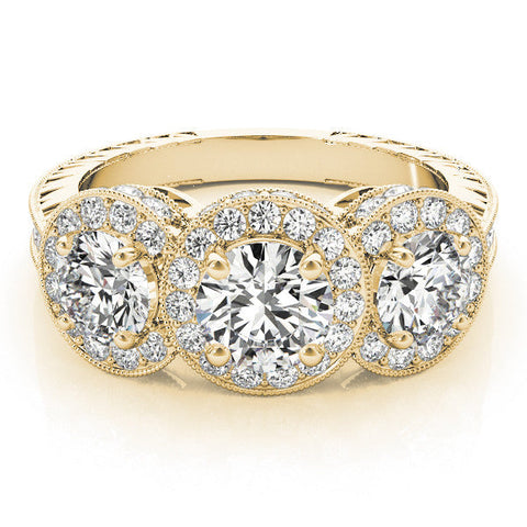 Yellow gold Three-Stone Round Halo Diamond Milgrain Band with Four-Prong Setting