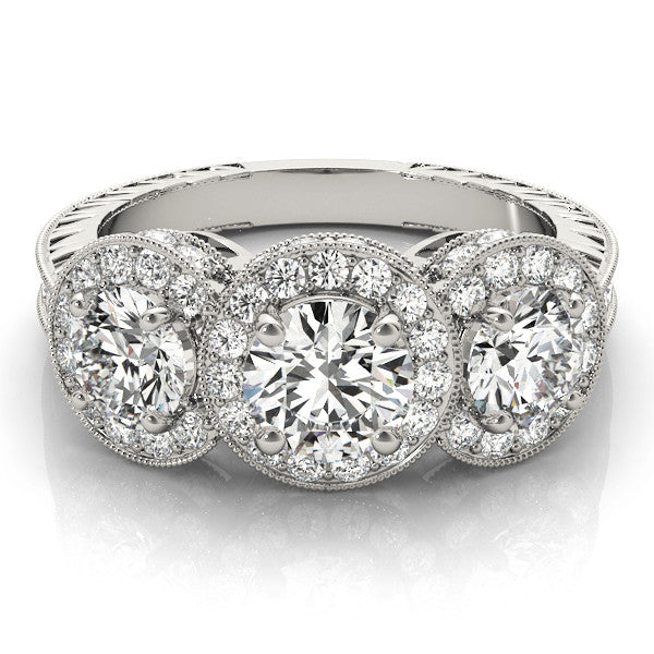 Platinum Three-Stone Round Halo Diamond Milgrain Band with Four-Prong Setting