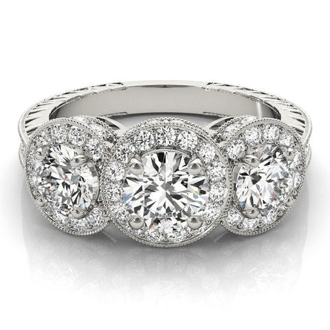 Platinum Three-Stone Round Halo Diamond Milgrain Band with Four-Prong Setting