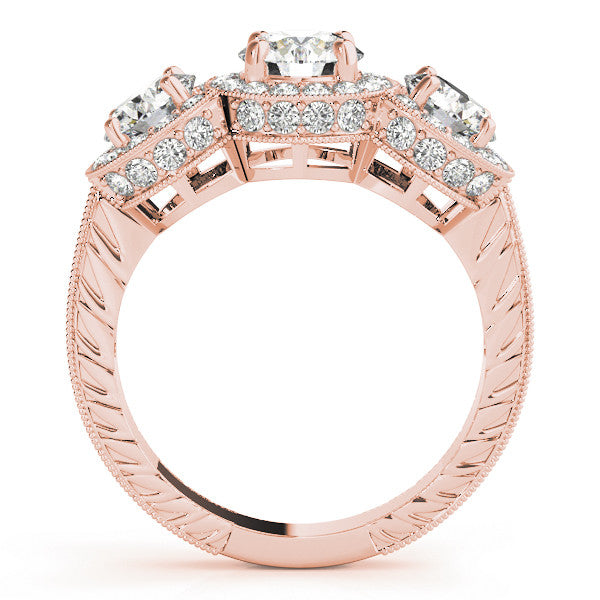 Rose gold Three-Stone Round Halo Diamond Milgrain Band with Four-Prong Setting