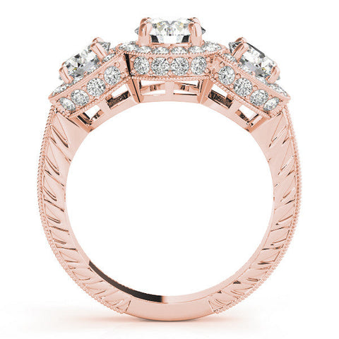 Rose gold Three-Stone Round Halo Diamond Milgrain Band with Four-Prong Setting