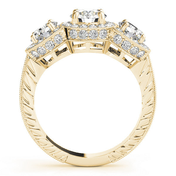 Yellow gold Three-Stone Round Halo Diamond Milgrain Band with Four-Prong Setting