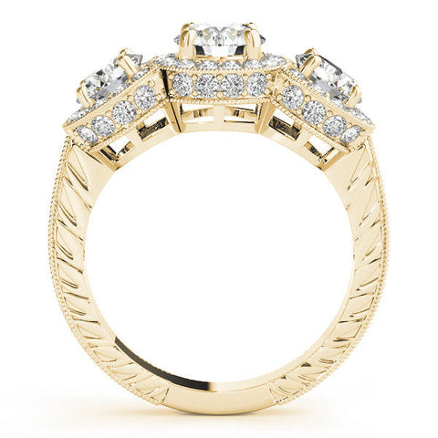 Yellow gold Three-Stone Round Halo Diamond Milgrain Band with Four-Prong Setting