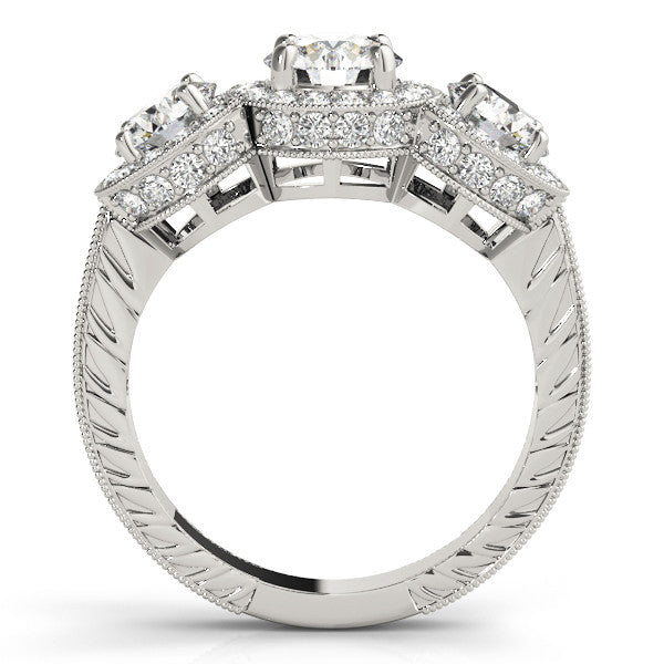 Silver Three-Stone Round Halo Diamond Milgrain Band with Four-Prong Setting