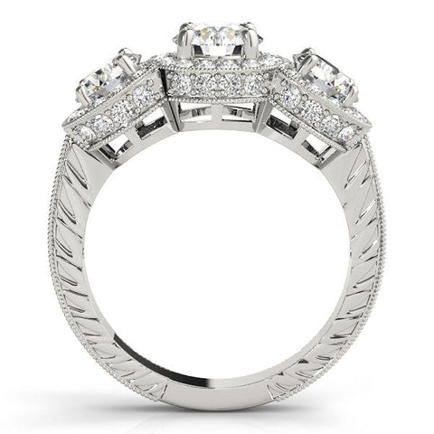Silver Three-Stone Round Halo Diamond Milgrain Band with Four-Prong Setting