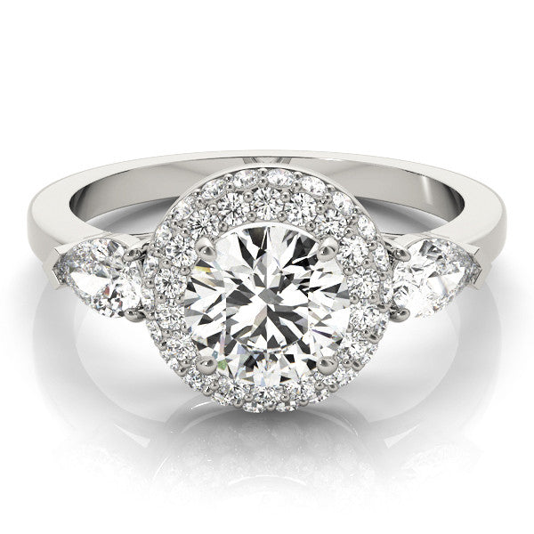 Platinum Round Halo Three-Stone Diamond Ring with Pear Side Stones and Four-Prong Setting