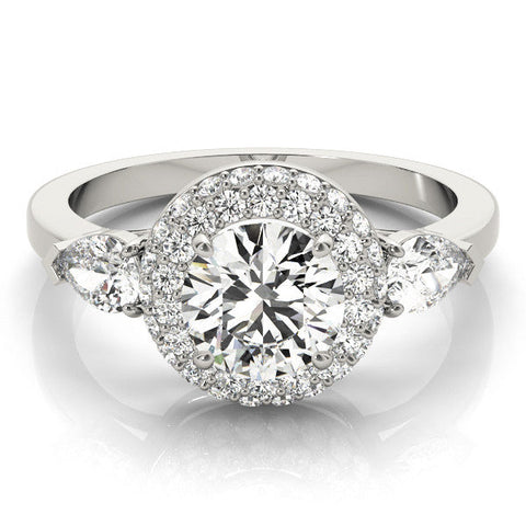 Platinum Round Halo Three-Stone Diamond Ring with Pear Side Stones and Four-Prong Setting