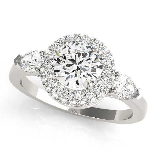 Silver Round Halo Three-Stone Diamond Ring with Pear Side Stones and Four-Prong Setting