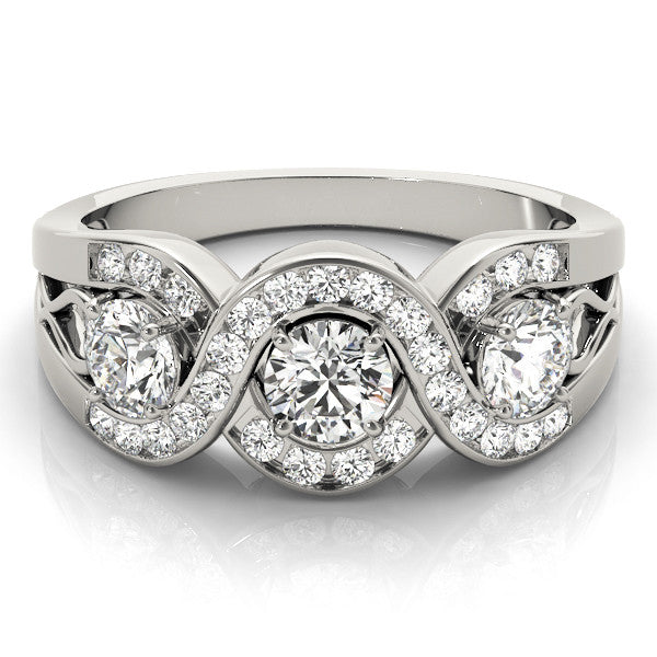 Platinum Three-Stone Round Diamond Wave Pave Band with Prong Setting