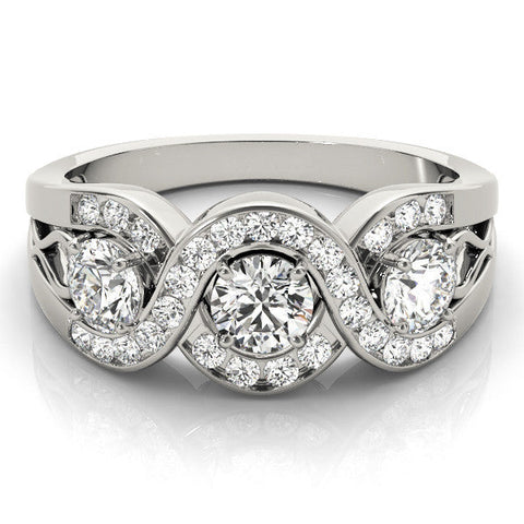 Platinum Three-Stone Round Diamond Wave Pave Band with Prong Setting