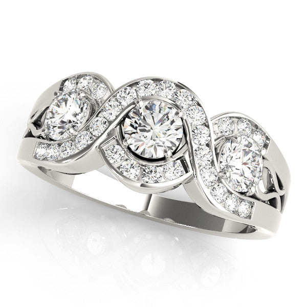Silver Three-Stone Round Diamond Wave Pave Band with Prong Setting