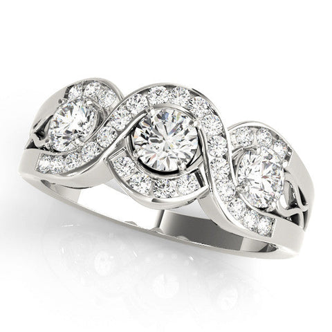 Silver Three-Stone Round Diamond Wave Pave Band with Prong Setting