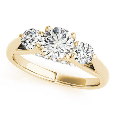 Yellow gold Three-Stone Round Diamond Engagement Ring with Pavé Band and Prong Setting