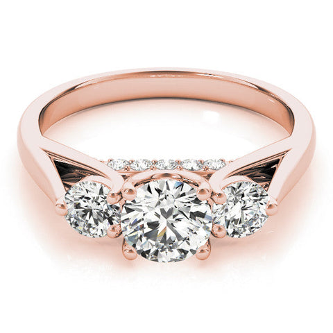 Rose gold Three-Stone Round Diamond Engagement Ring with Pavé Band and Prong Setting