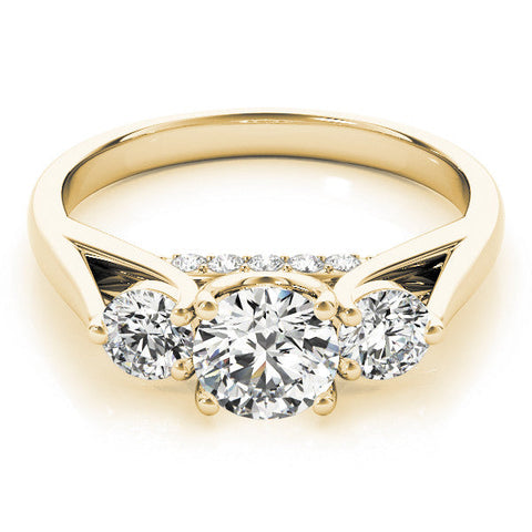 Yellow gold Three-Stone Round Diamond Engagement Ring with Pavé Band and Prong Setting