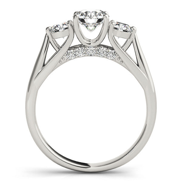White gold Three-Stone Round Diamond Engagement Ring with Pavé Band and Prong Setting