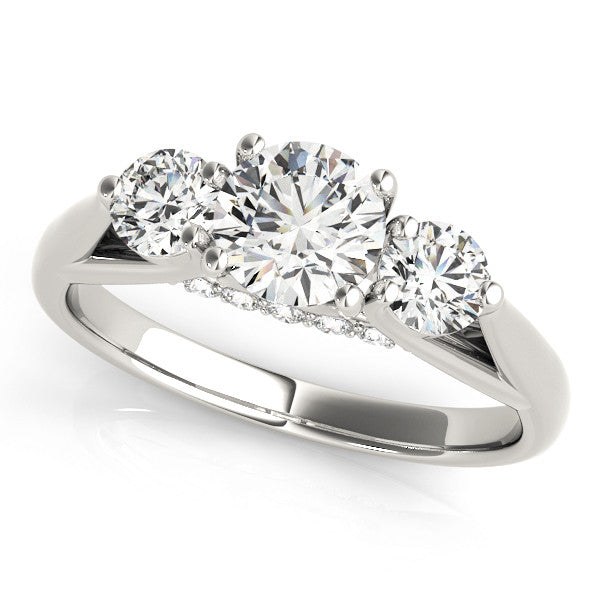 White gold Three-Stone Round Diamond Engagement Ring with Pavé Band and Prong Setting