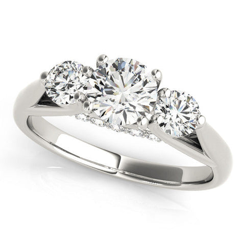 White gold Three-Stone Round Diamond Engagement Ring with Pavé Band and Prong Setting