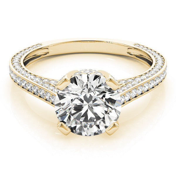 Yellow gold Round Brilliant Split Shank Pave Solitaire Ring with Four-Prong Setting