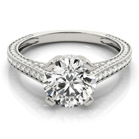 White gold Round Brilliant Split Shank Pave Solitaire Ring with Four-Prong Setting