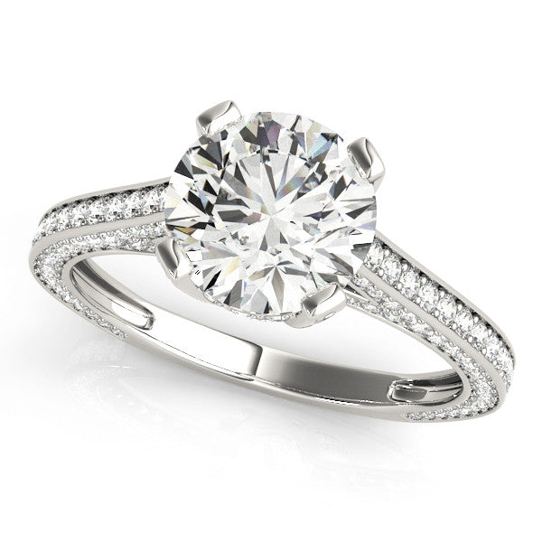 White gold Round Brilliant Split Shank Pave Solitaire Ring with Four-Prong Setting