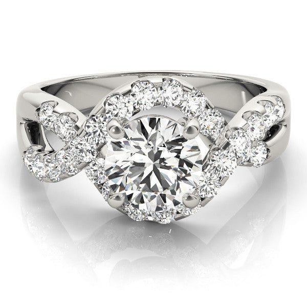 Silver Round Cut Diamond Halo Twist Band with Four-Prong Setting