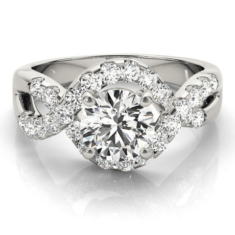 Platinum Round Cut Diamond Halo Twist Band with Four-Prong Setting