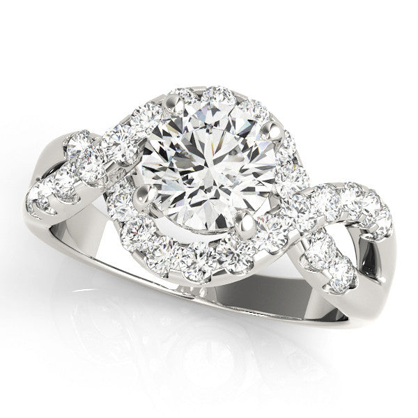 Platinum Round Cut Diamond Halo Twist Band with Four-Prong Setting