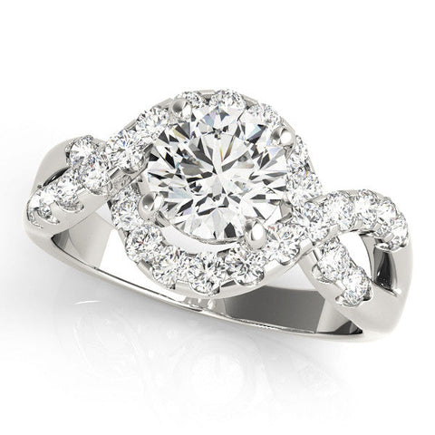 Platinum Round Cut Diamond Halo Twist Band with Four-Prong Setting